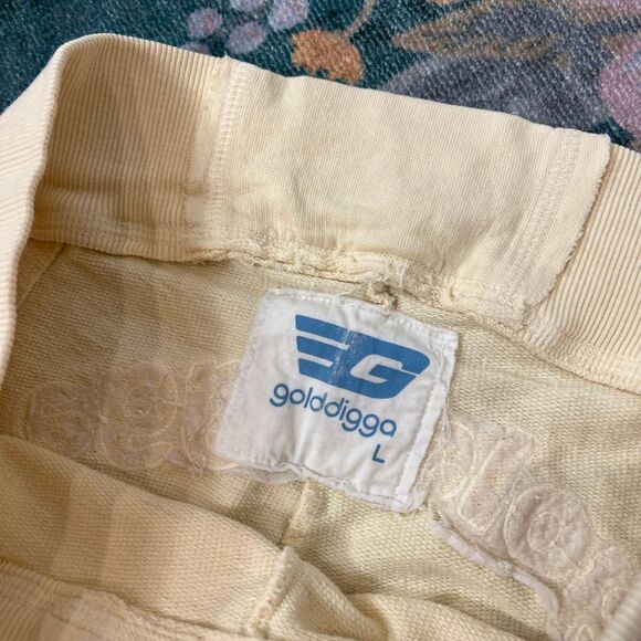 Golddigga Track Pants y2k Womens Large Cream Flare Leg Sweatpants Drawstring 90s - Picture 3 of 16